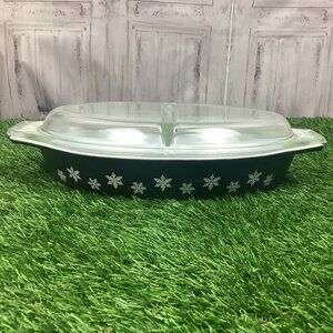 Vintage Pyrex Black Snowflake Oval Divided Serving Dish w/ Lid 1½ Qt.